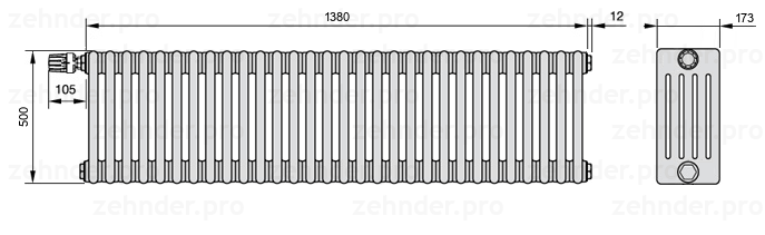 Схема (чертеж) Радиатор Zehnder Charleston 5050/30 №V012 Белый глянцевый RAL 9016